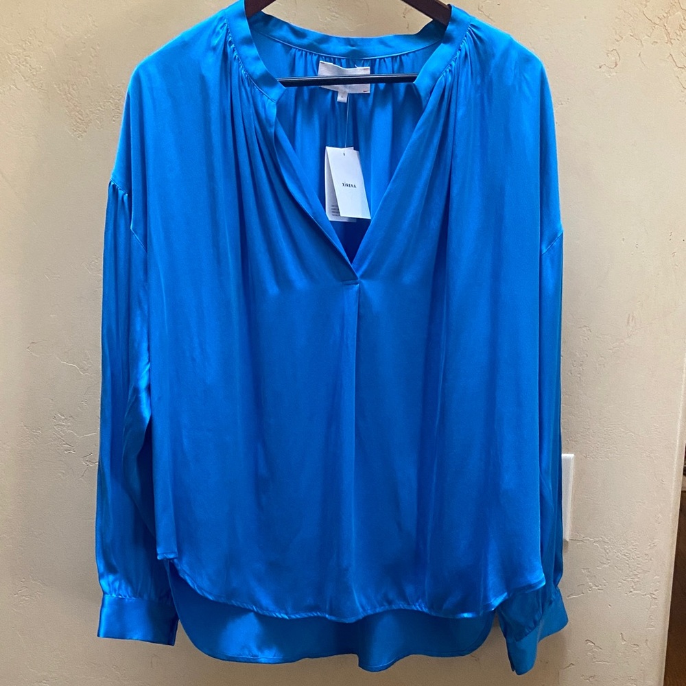 Sz L NWT XiRENA “Mayson” Vibrant Blue 100% Silk Blouse